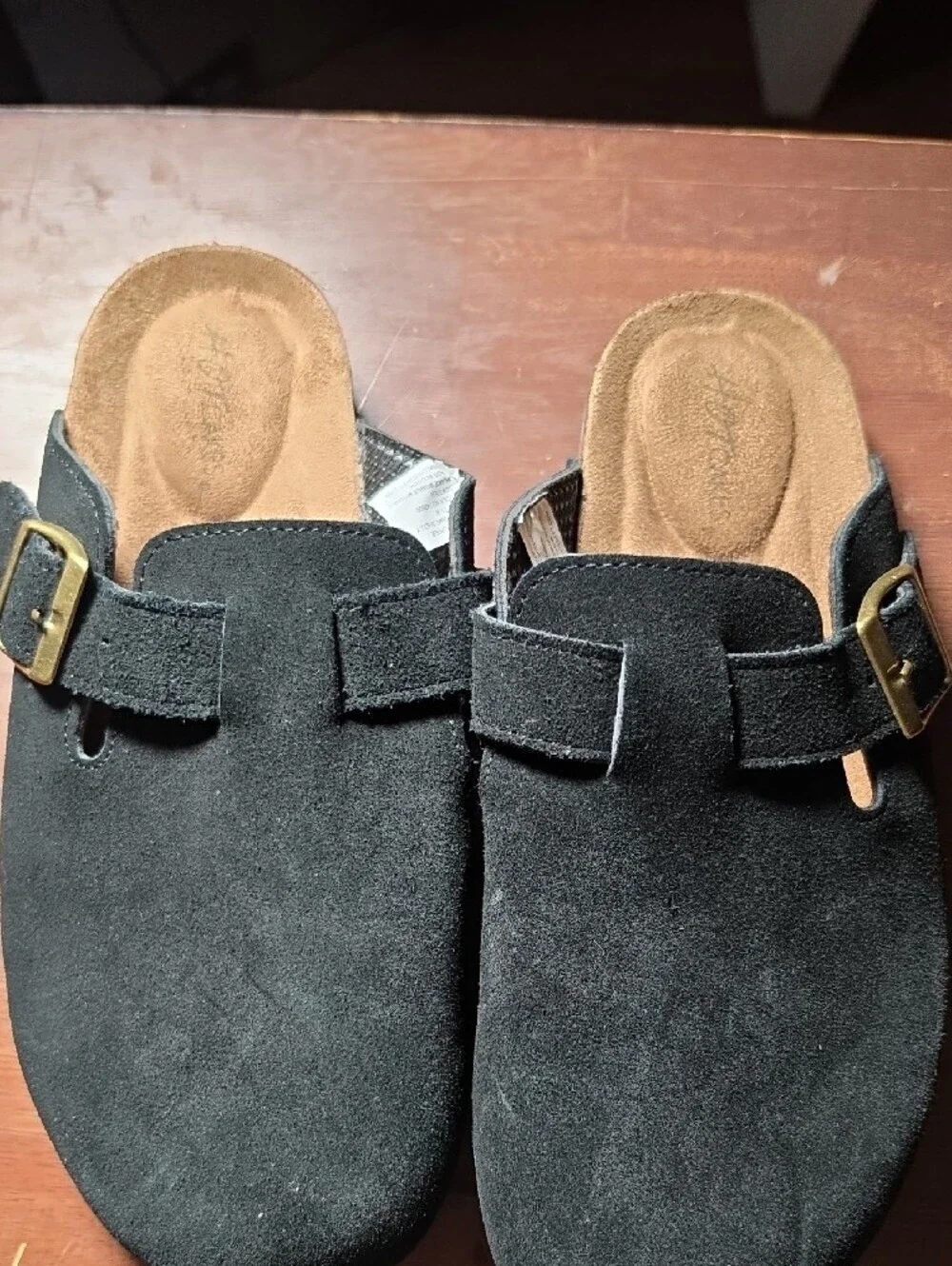 Hot Cakes Black Suede Slip-On Sandal with Gold Buckle
